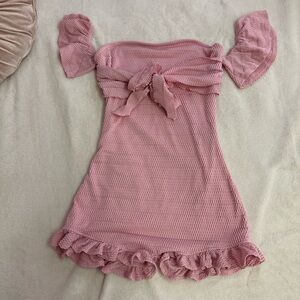 SHEIN Pink Mini Babydoll Jumpsuit with Ruffled Tie Front and Puff Sleeves